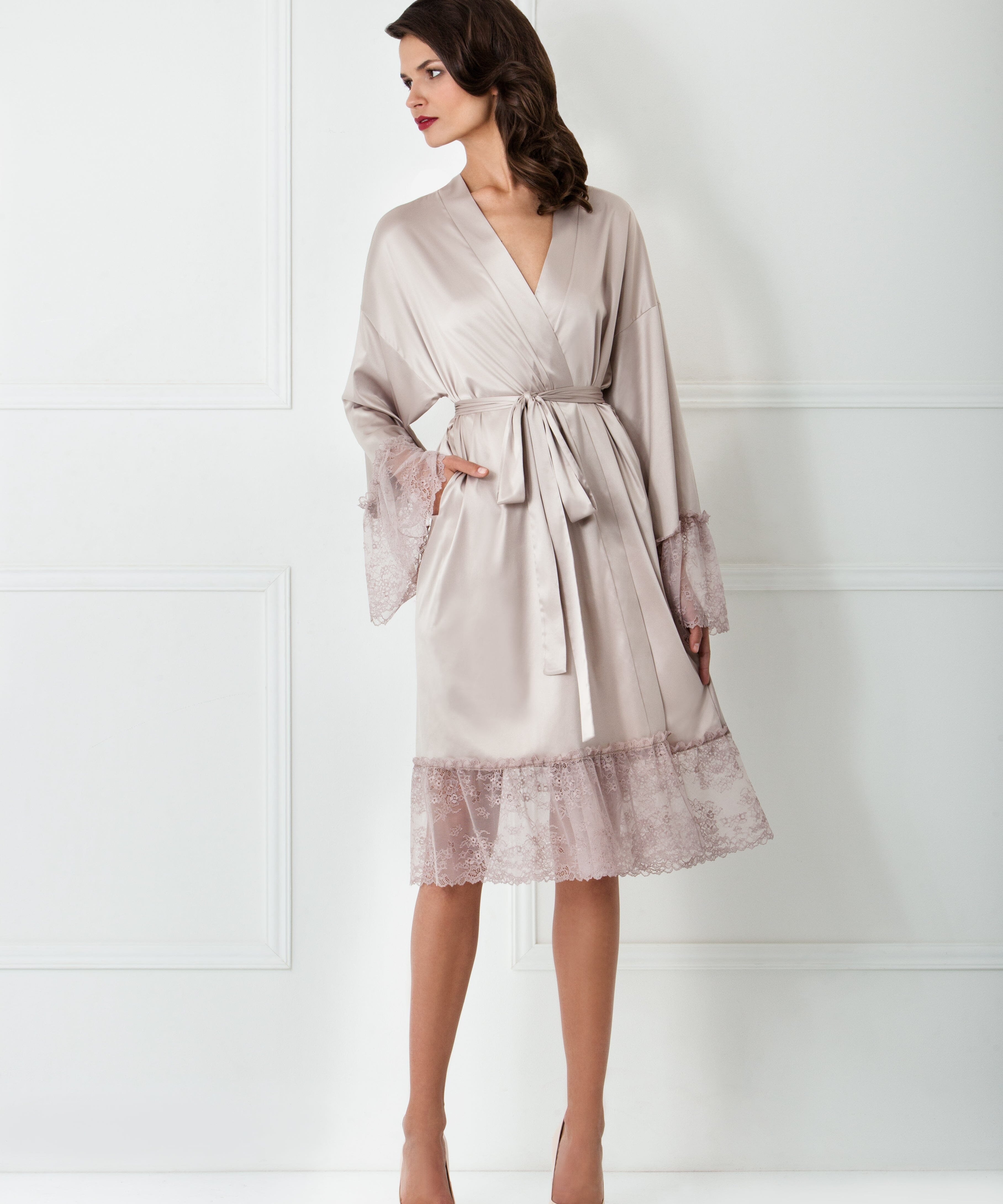 Lace Ruffle Midi Satin Robe Product Amoralle