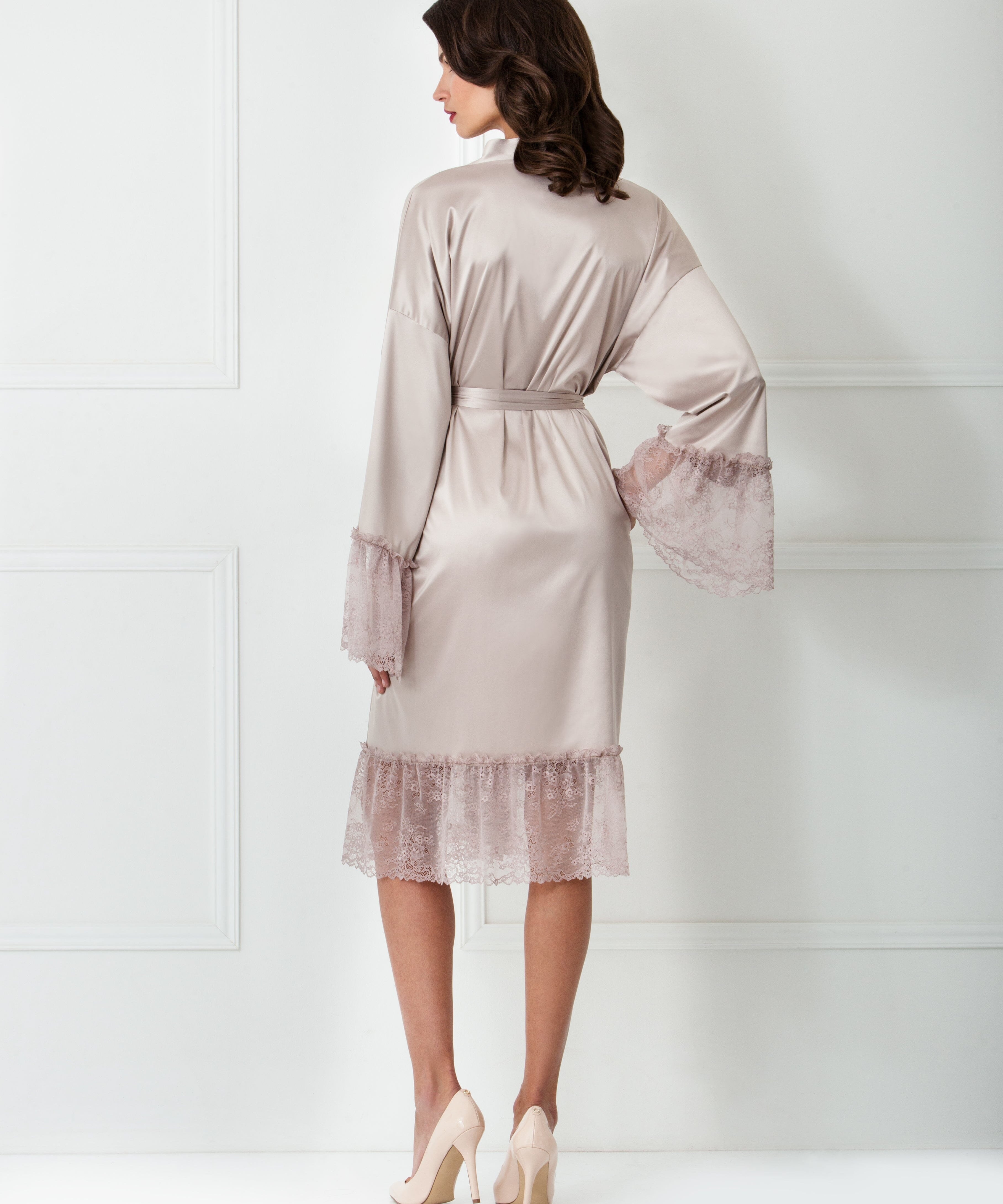  Lace Ruffle Midi Satin Robe Product Amoralle