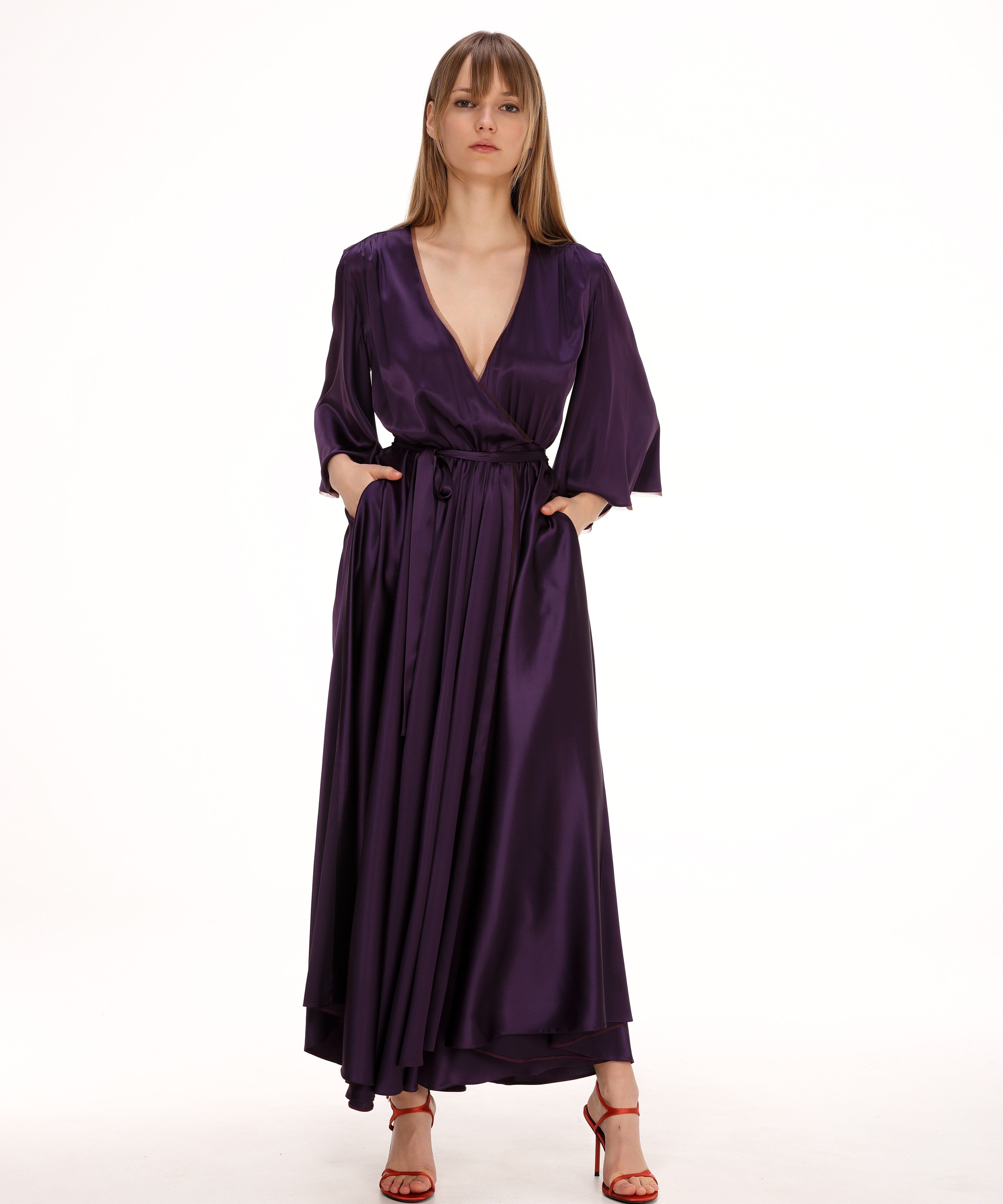  Silk Midi Wrap Dress in Plum Product Amoralle